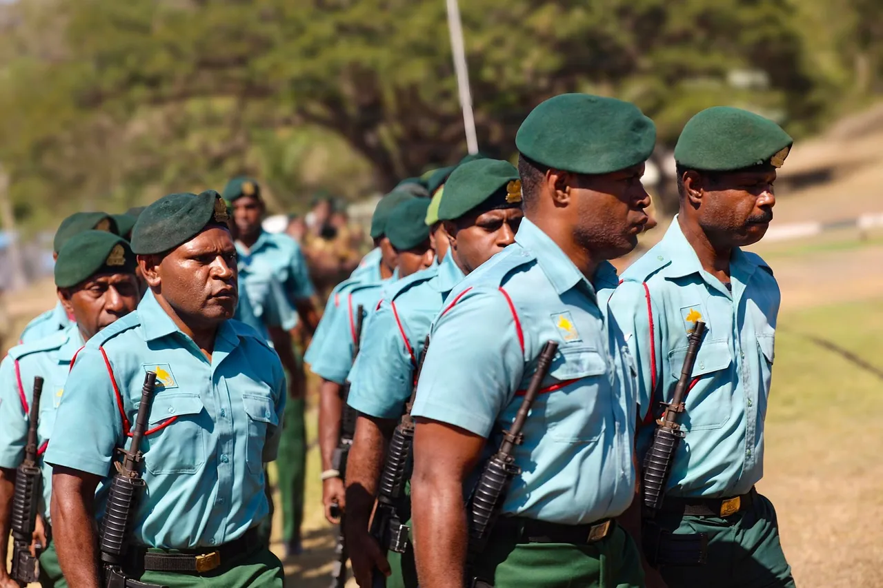 Papua New Guinea soldiers in light blue shirts and green berets marching in formation with rifles