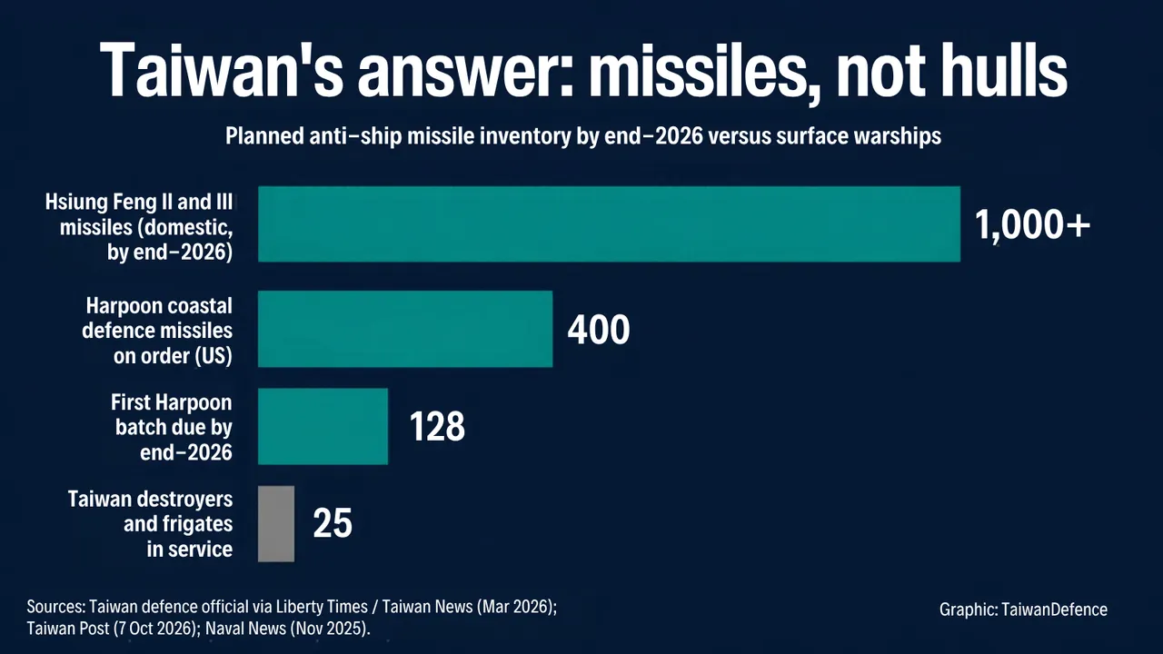 TaiwanDefence graphic comparing Taiwan's planned anti-ship missiles, more than 1,000 Hsiung Feng, 400 Harpoons and a first batch of 128, with its 25 destroyers and frigates.
