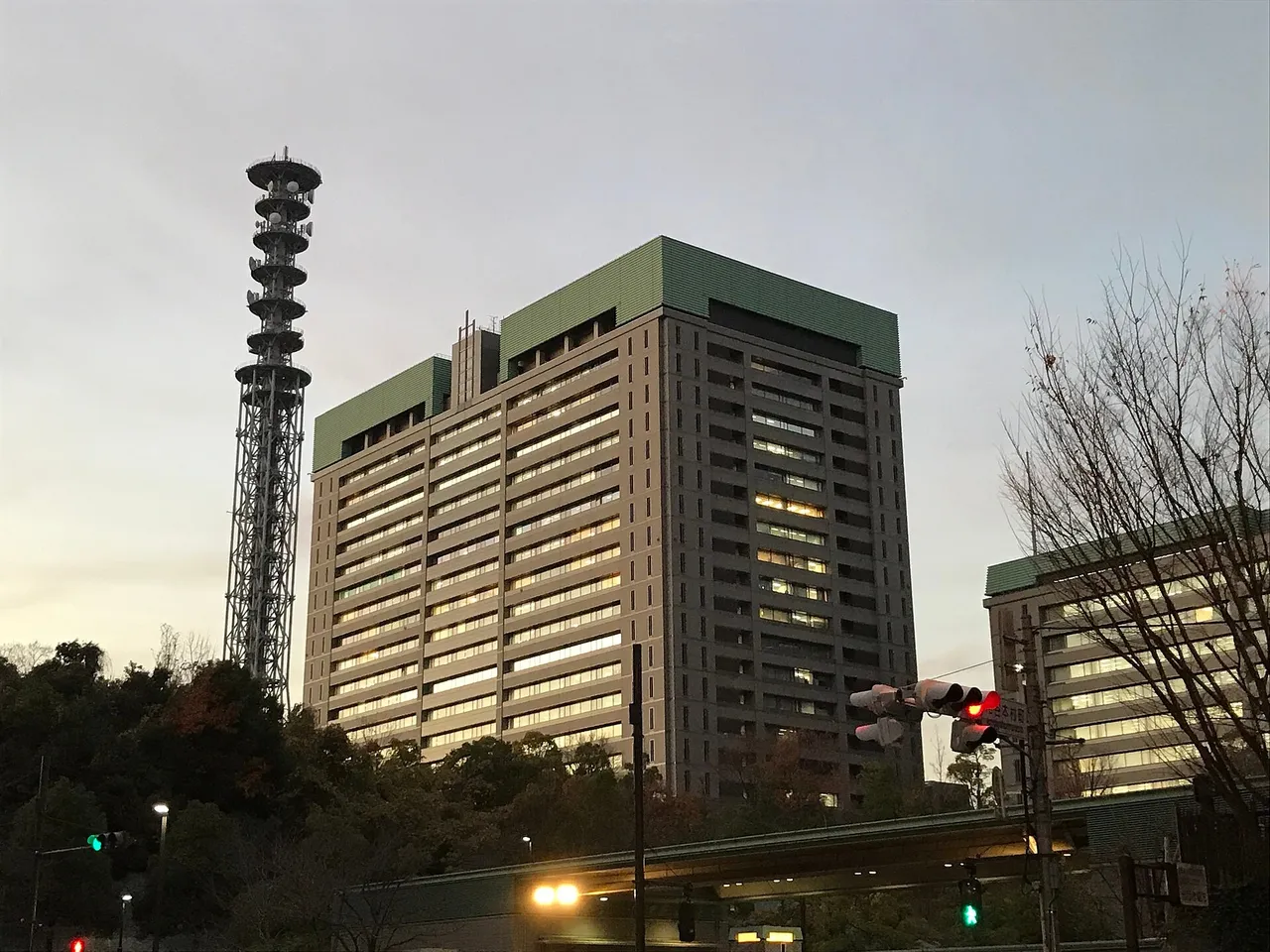 A tall office tower with a green roof stands beside a lattice communications mast against an evening sky