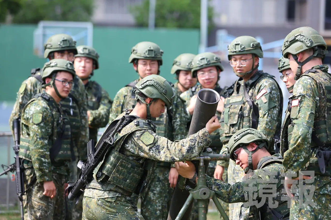 Taiwan soldiers in camouflage gathered around a mortar during training