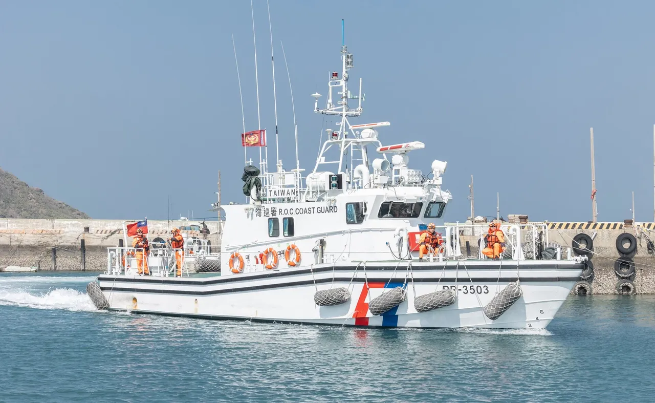 A white Taiwan coast guard patrol boat marked PP-3503 with crew in orange life jackets on deck, entering a harbour