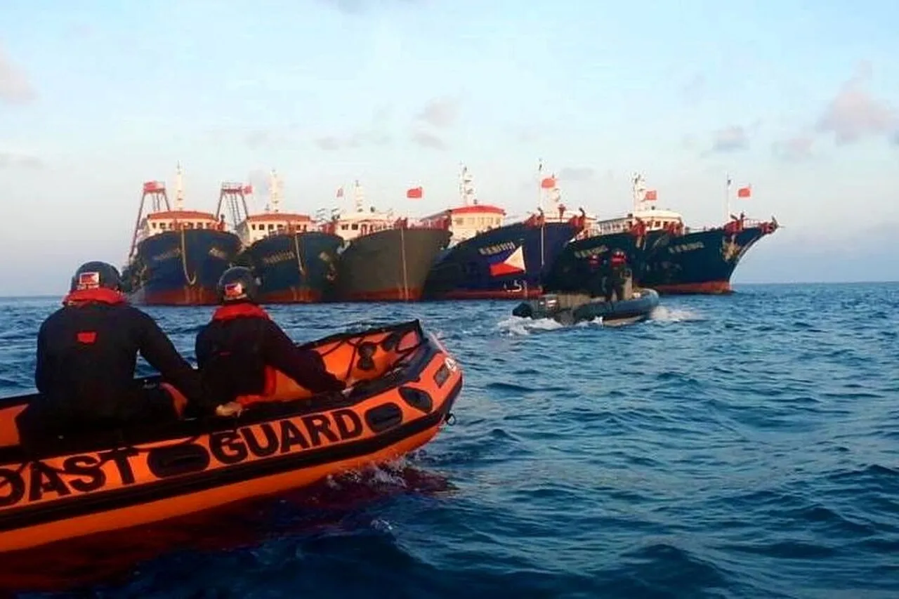 Several Chinese-flagged fishing vessels anchored close together on calm blue water, photographed from a Philippine Coast Guard patrol ship.