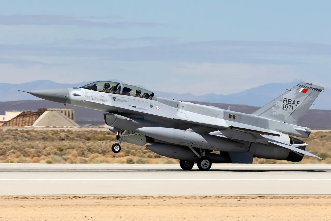 A Royal Bahraini Air Force F-16 Block 70 landing at Edwards Air Force Base during testing in March 2023.