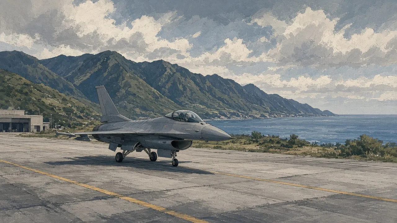 Editorial illustration of an unmarked F-16-type fighter on a coastal airfield, with mountains and the sea beyond.