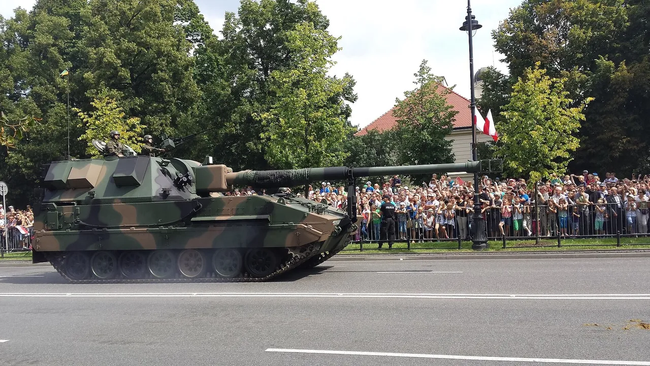 A camouflaged Krab tracked self-propelled howitzer with a long gun barrel drives past crowds on a Warsaw street
