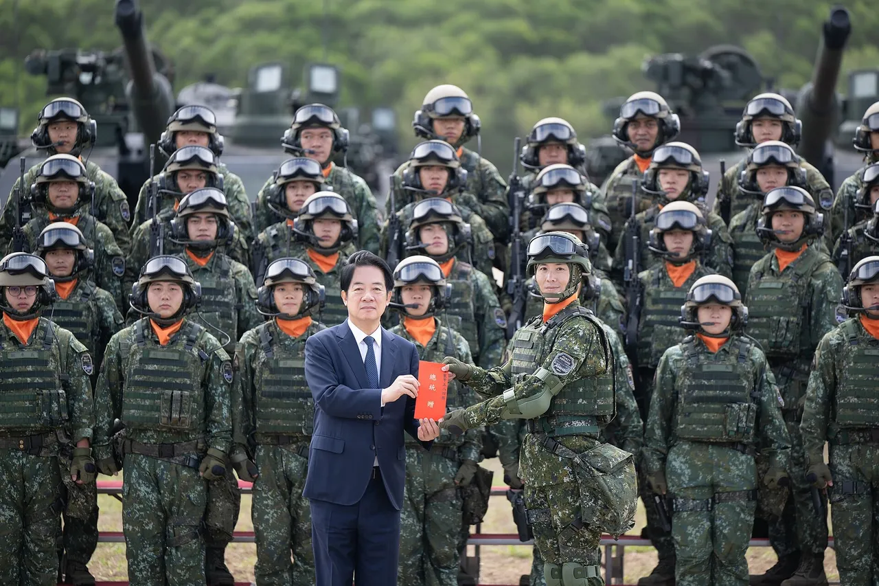 President Lai Ching-te stands with helmeted Taiwanese tank crews in front of M1A2T Abrams tanks