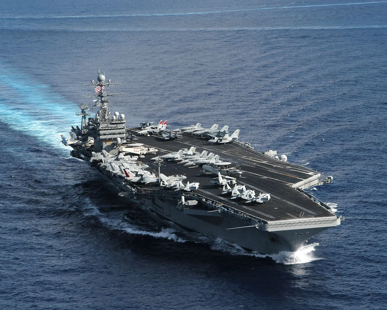 USS Theodore Roosevelt aircraft carrier underway at sea with aircraft on deck