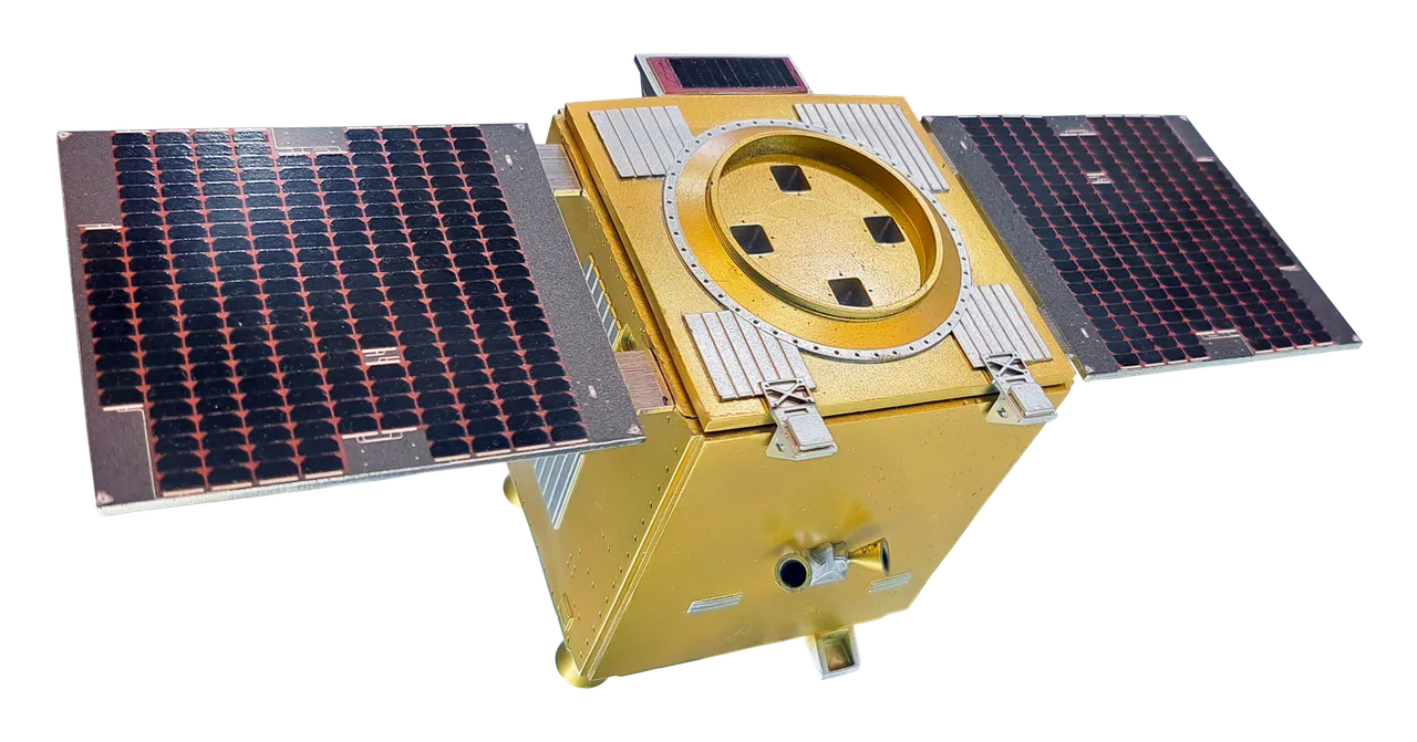 A scale model of a boxy satellite with a long solar panel on a display stand
