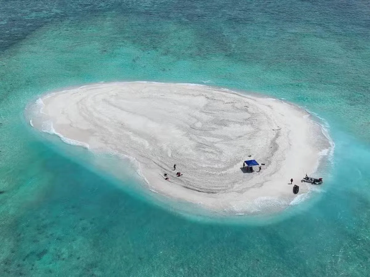 Aerial view of a small white sandbar ringed by turquoise water, with a few people, a blue canopy and a small boat on its edge