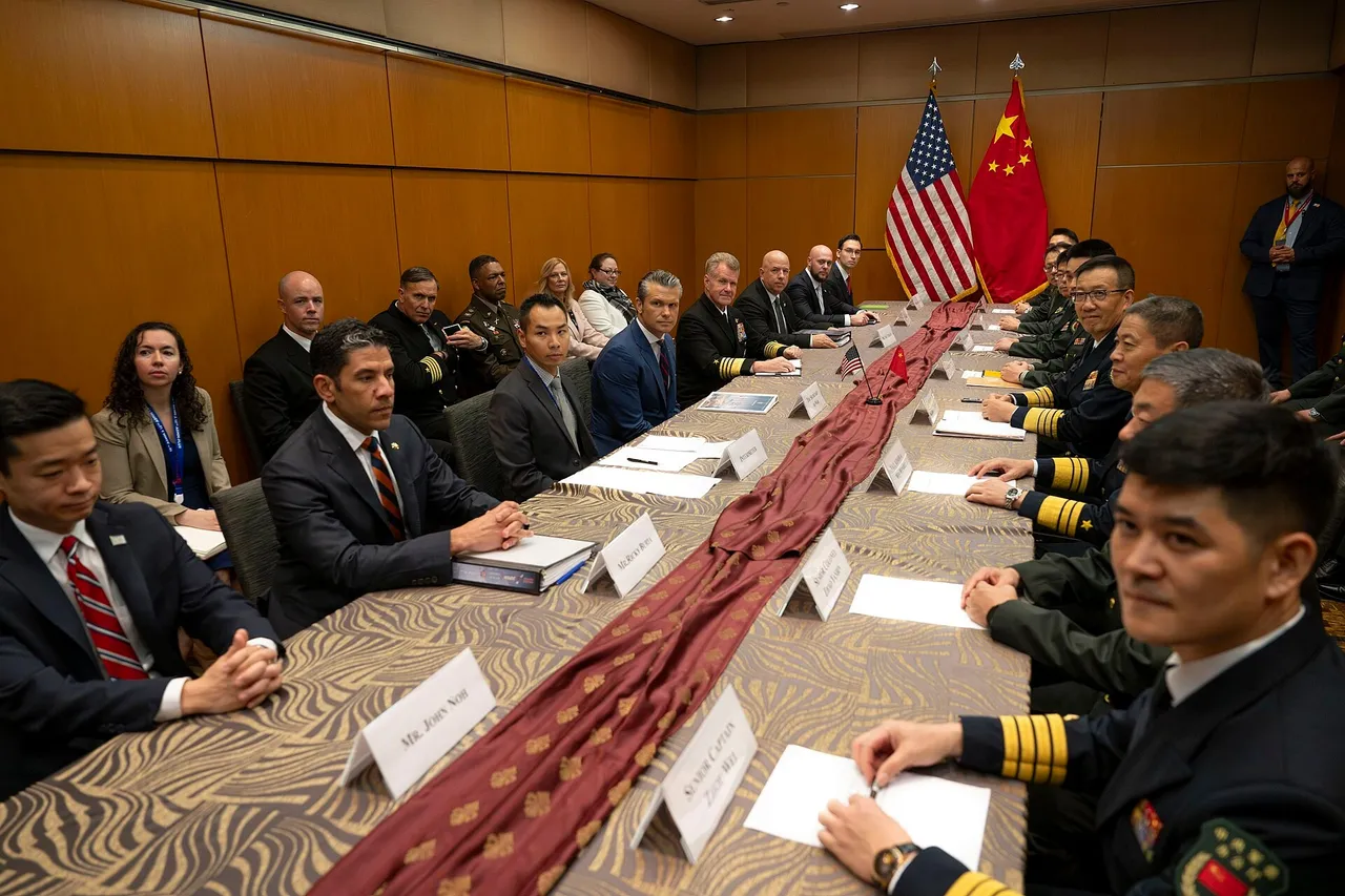 US and Chinese defence delegations seated facing each other across a long table under US and Chinese flags