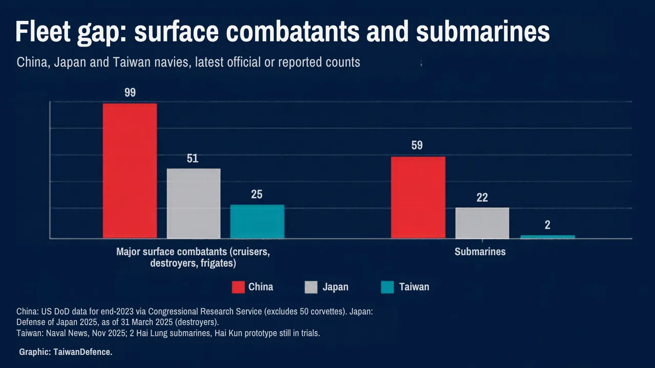 TaiwanDefence graphic showing China with 99 cruisers, destroyers and frigates against Japan 51 and Taiwan 25, and 59 submarines against 22 and 2.