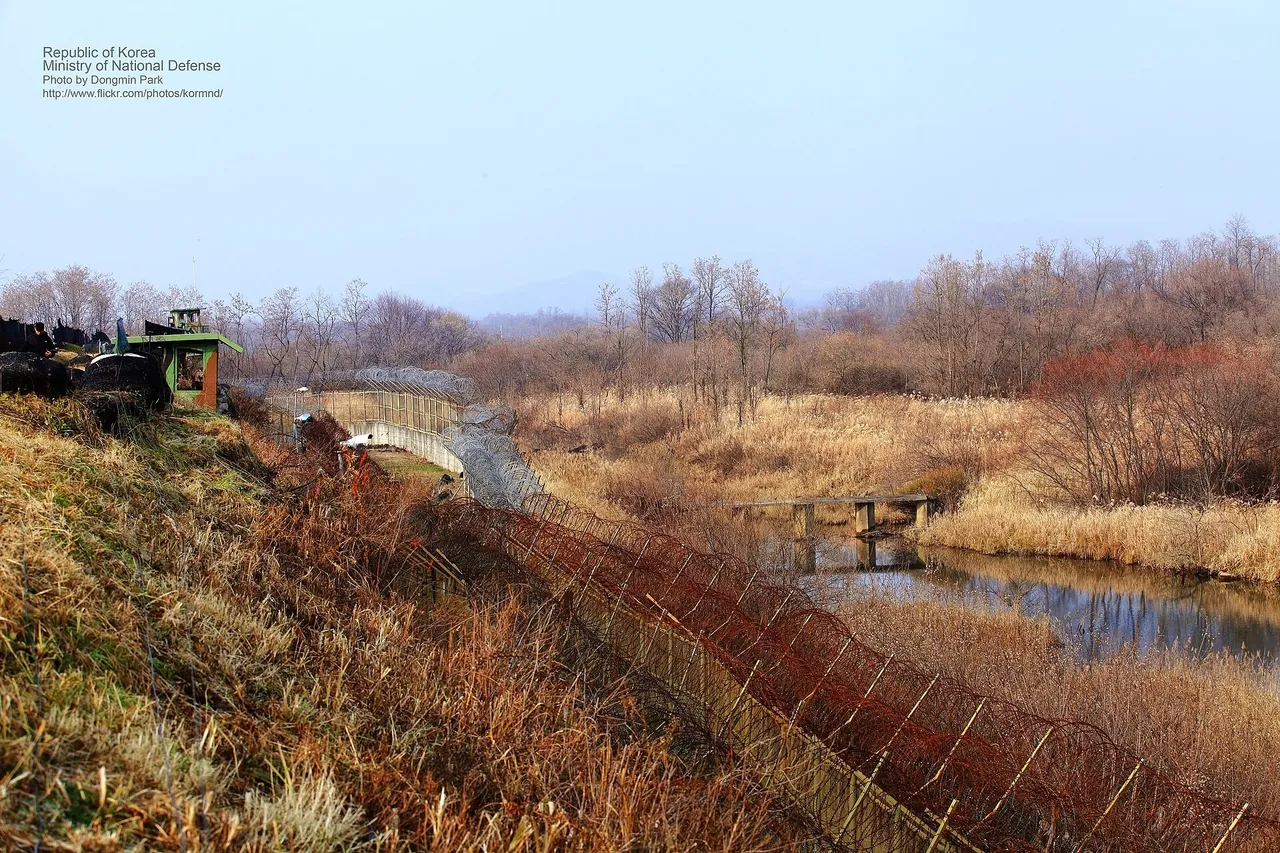 A barbed-wire border fence runs downhill beside a stream through dry winter grass and bare trees, with a guard post on the left