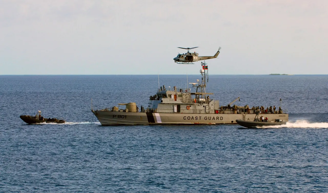 Grey Maldivian coast guard patrol ship with hull number 801 under way on open sea