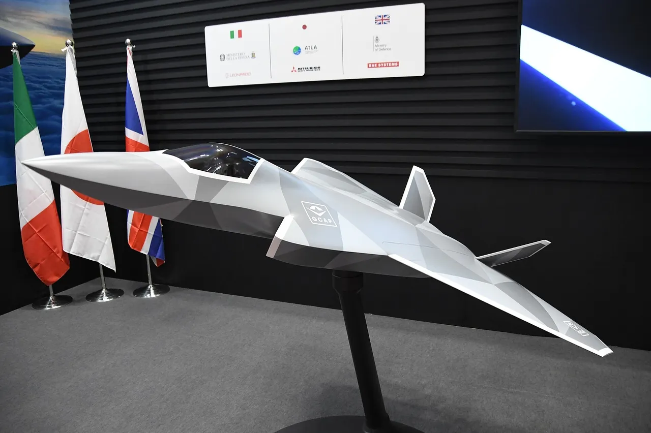 A grey angular model of the GCAP delta-wing fighter on a stand, with Italian, Japanese and British flags and partner logos in the background