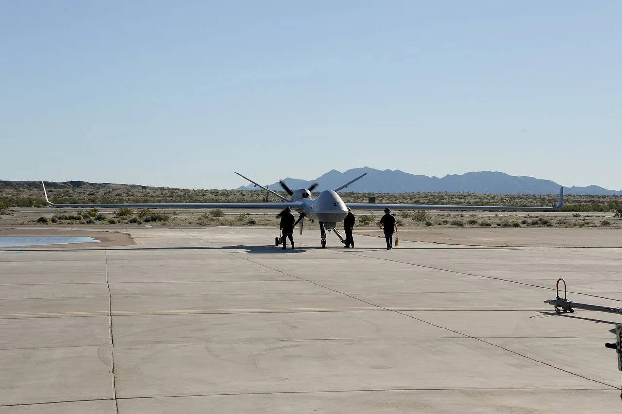 MQ-9B SkyGuardian unmanned aircraft on a desert runway during U.S. Army testing