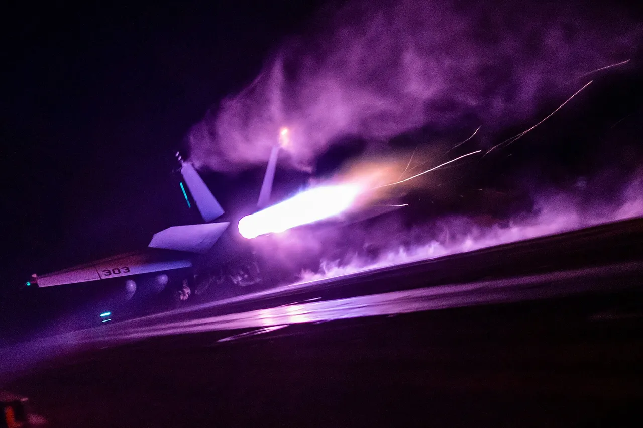 US Navy Super Hornet fighter jet launching from the deck of an aircraft carrier at sea
