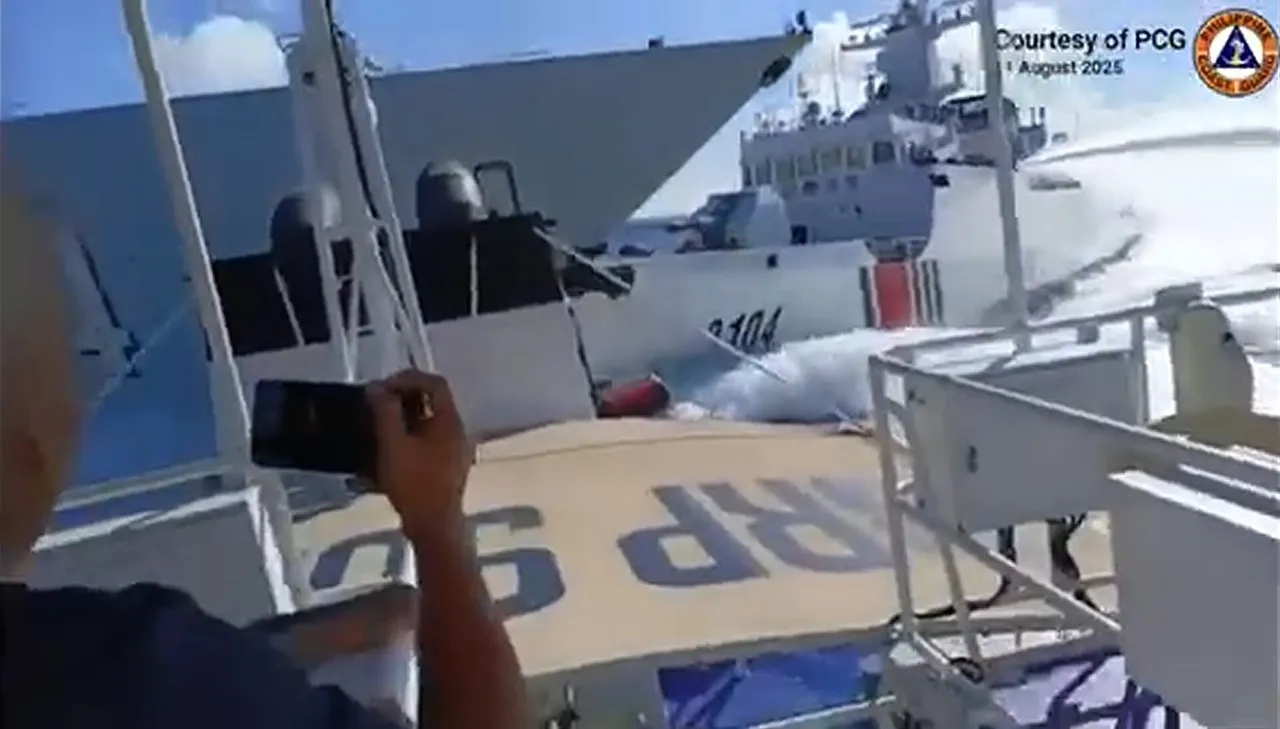 A grey Chinese navy destroyer bow and a white China Coast Guard cutter numbered 3104 colliding at sea, seen from the deck of a Philippine vessel