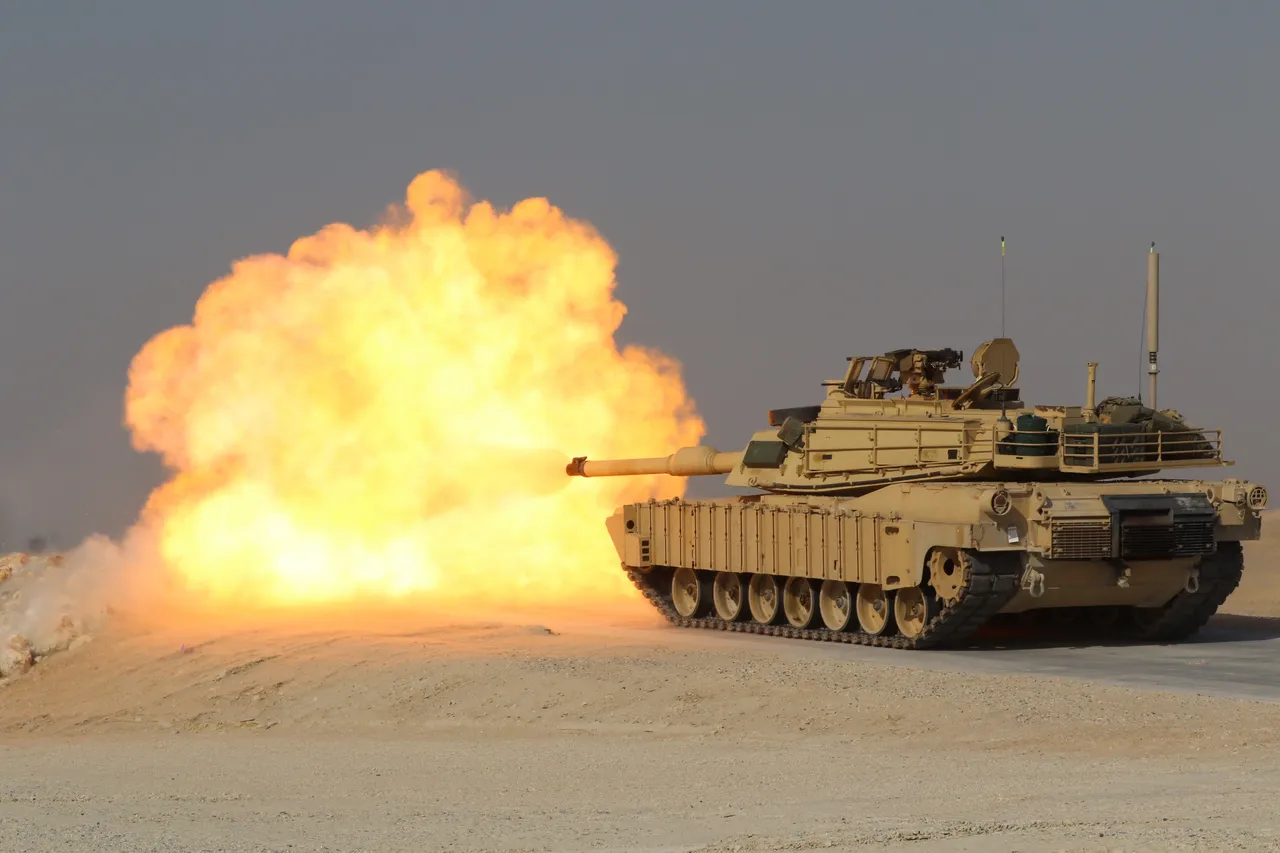 M1A2 Abrams tank firing its main gun on a desert range