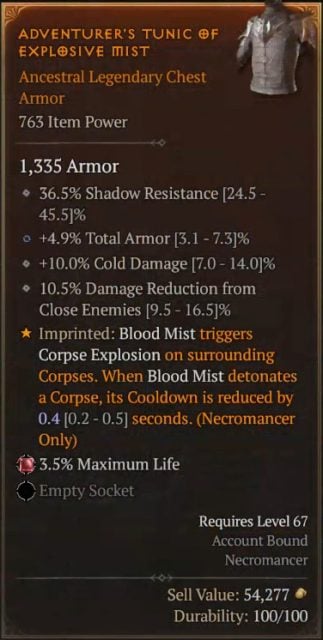 Diablo 4 Bloodshadow Necro Build - Adventurer's Tunic of Explosive Mist to Detonate Corpse Explosion