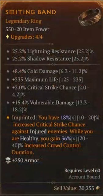Diablo 4 Marksman Rogue Build - Smiting Band to Increase Critical Strike Chance Against Injured Enemies